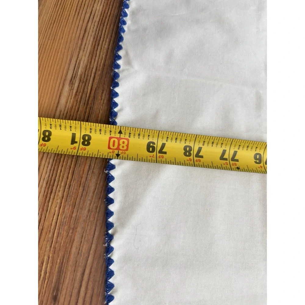 Cotton‎ Oval Tablecloth With Navy Embroidered Edge 59x80 Off-White Vintage